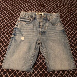 Zara Women's Size 30 Tapered Distressed Button Fly Light Wash Denim Jeans K9